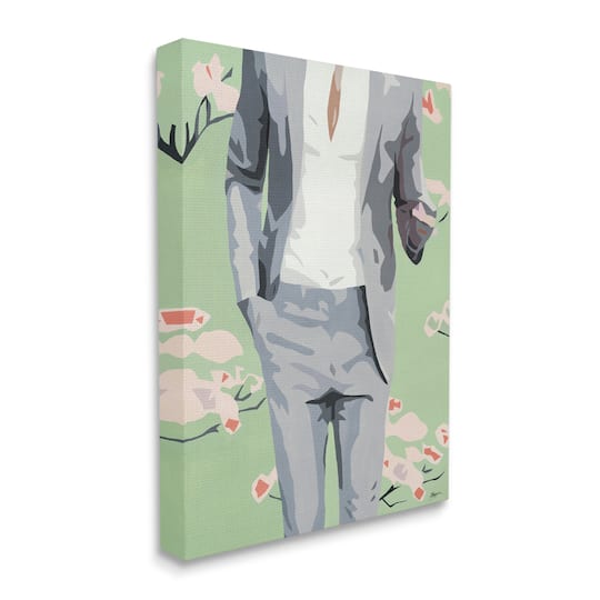 Stupell Industries; Stupell Industries Men's Fashion Business Suit over Pink Flowers Canvas Wall Art; Category:Canvas Art; Image:1